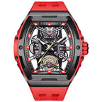 Racing-inspired luxury watch with skeleton dial, red strap, and bold automotive detailing