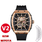 Luxury tonneau-shaped rose gold skeleton automatic watch with black strap, motorsport-inspired.