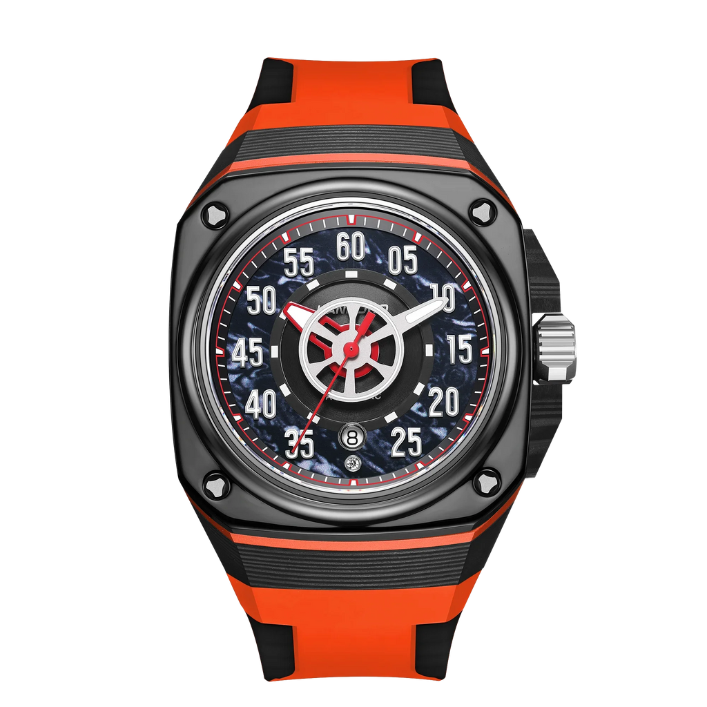 Sport-luxury racing-inspired watch with black carbon fiber case and bold orange strap