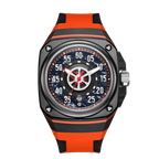 Sport-luxury racing-inspired watch with black carbon fiber case and bold orange strap