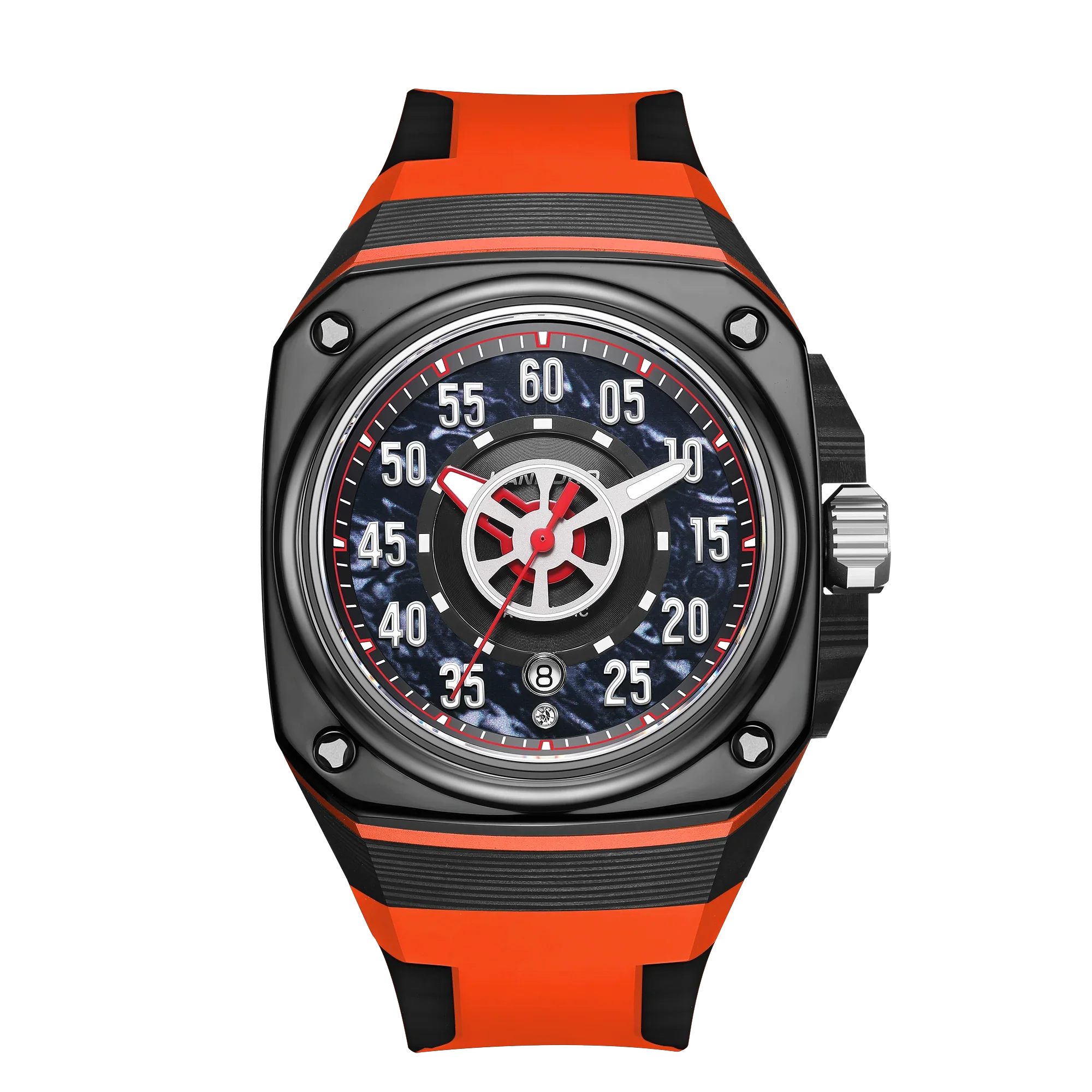 Sport-luxury racing-inspired watch with black carbon fiber case and bold orange strap