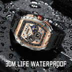 Luxury motorsport-inspired skeleton watch with chronograph, black strap, water droplets, 30m waterproof