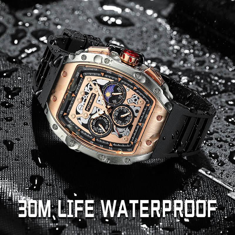 Luxury motorsport-inspired skeleton watch with chronograph, black strap, water droplets, 30m waterproof