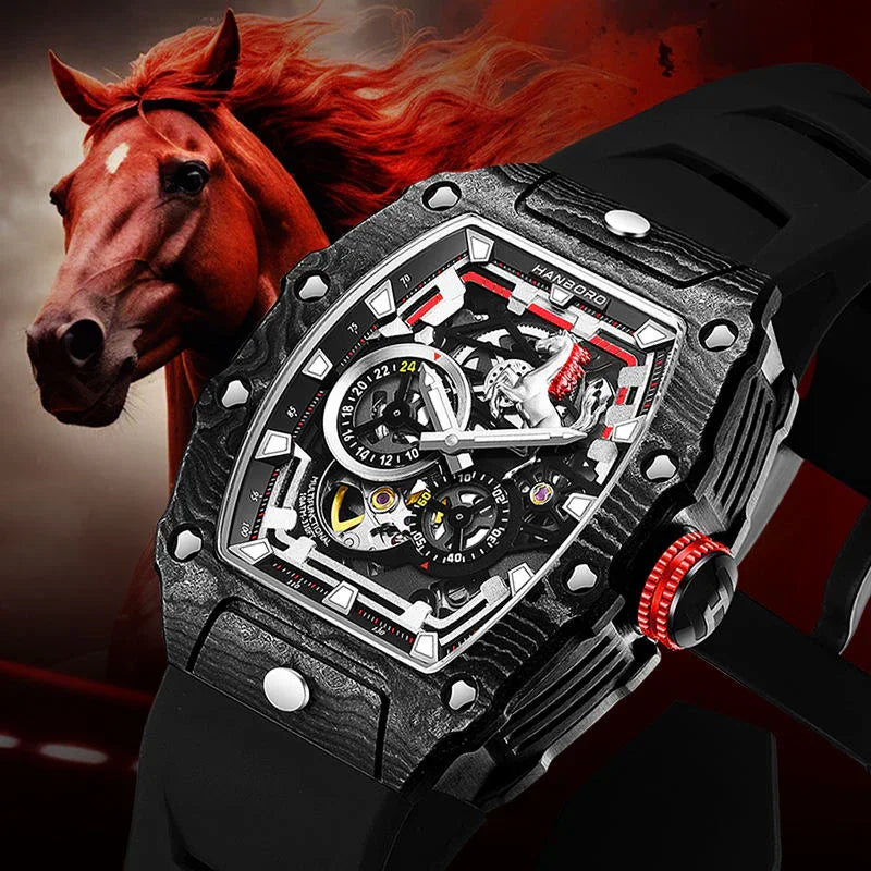 Luxury racing-inspired skeleton watch with black carbon fiber case, intricate dial, red accents, and a horse background.