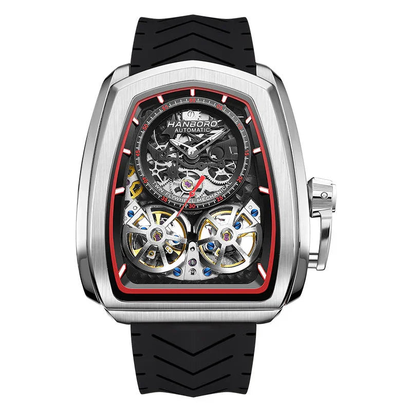 Luxury motorsport-inspired skeleton watch with tonneau case, black rubber strap, and exposed gears