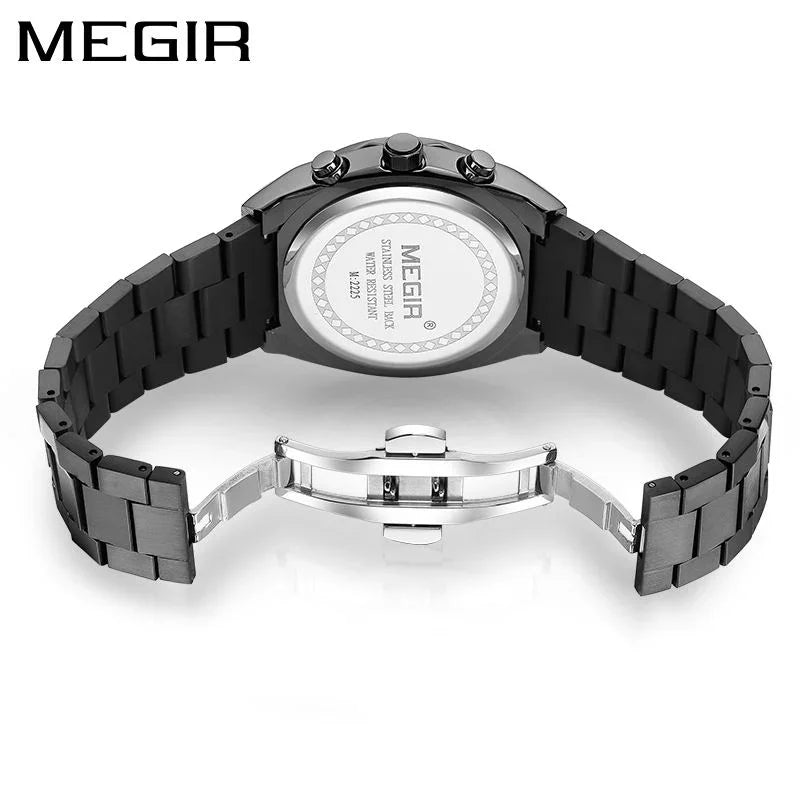 Sleek black stainless steel watch with open deployment clasp, inspired by motorsport style