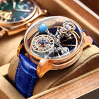 Luxury mechanical watch with intricate openwork dial, blue leather strap, gold case, motorsport-inspired design