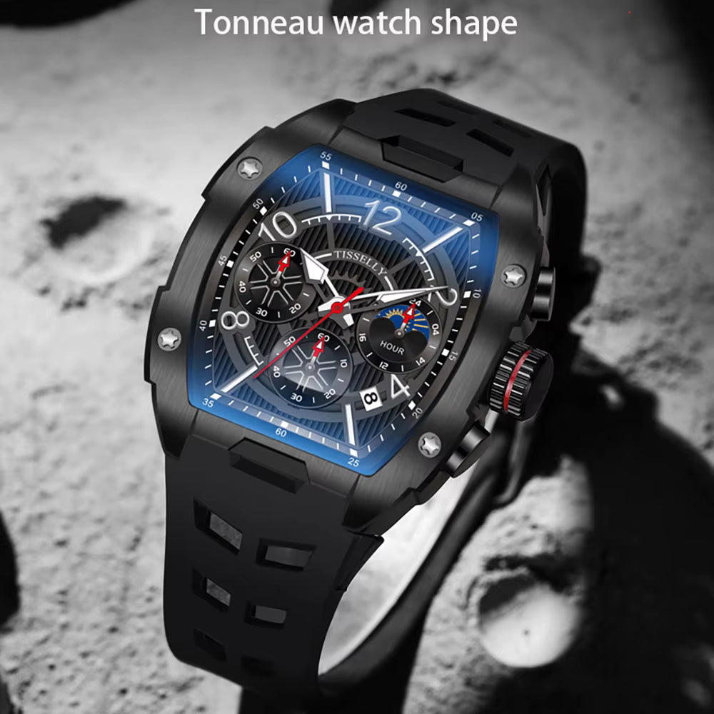 Motorsport-inspired tonneau watch with black case, chronograph dials, and bold rubber strap