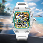 Luxury sport-inspired transparent watch with tropical dial, palm tree and beach motifs