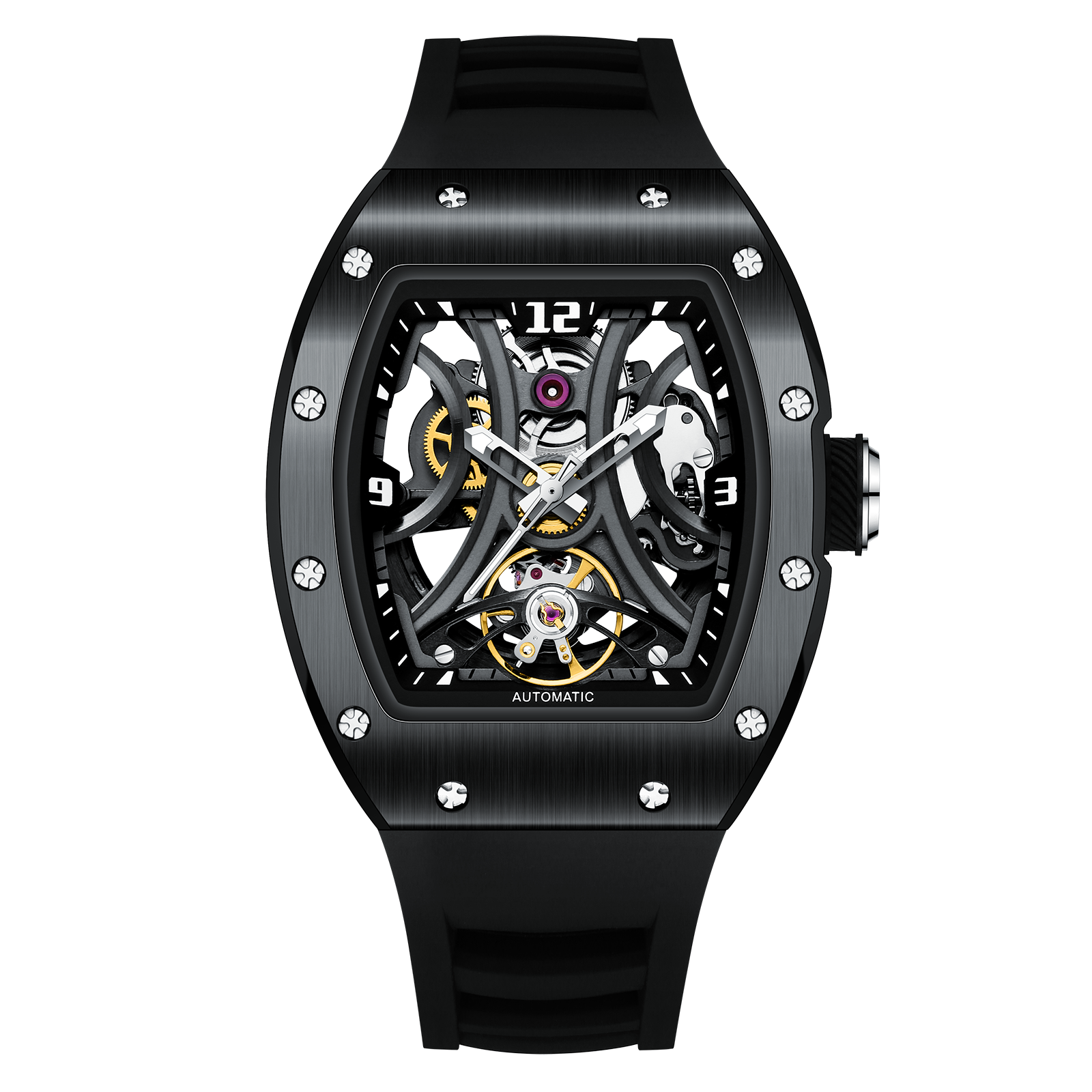 Luxury sport-inspired skeleton automatic watch with black case, visible gears, and rubber strap