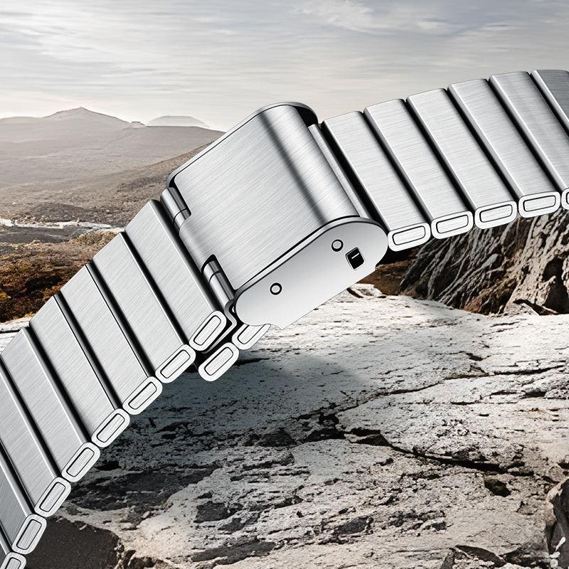 Brushed stainless steel watch bracelet with secure clasp, sport-luxury motorsport-inspired design