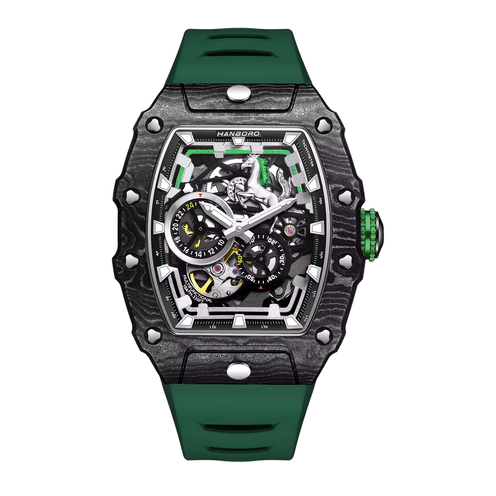 Motorsport-inspired luxury watch with skeleton dial, carbon fiber case, and green rubber strap
