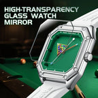 Luxury sport-inspired watch with green billiard table dial, silver case, white strap, and high-transparency glass