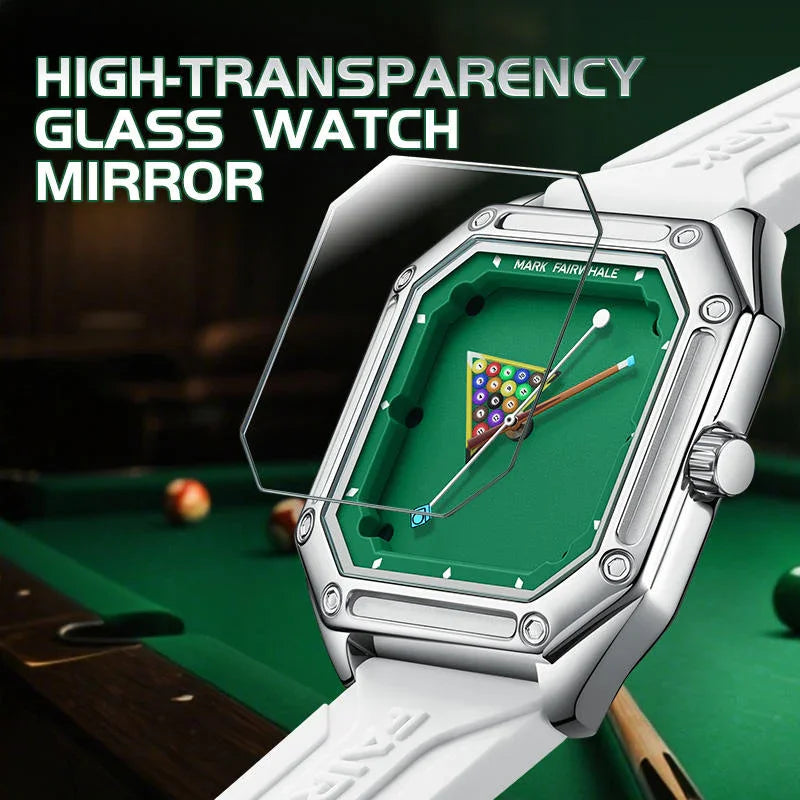 Luxury sport-inspired watch with green billiard table dial, silver case, white strap, and high-transparency glass