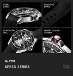 Luxury racing-inspired men's watch with steel case, silicone band, supercar dial, and wheel-shaped crown.