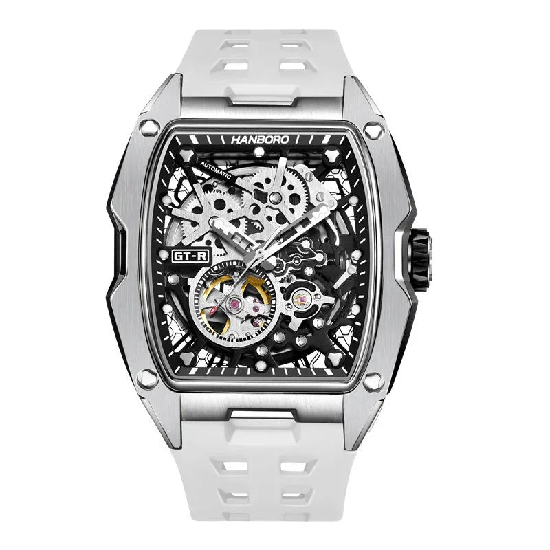 Luxury skeleton automatic watch with white strap, motorsport-inspired geometric case, open dial