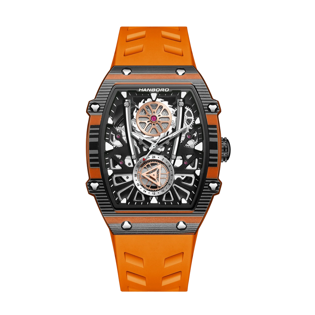 Skeleton dial sport-luxury watch with bold orange strap, motorsport-inspired design