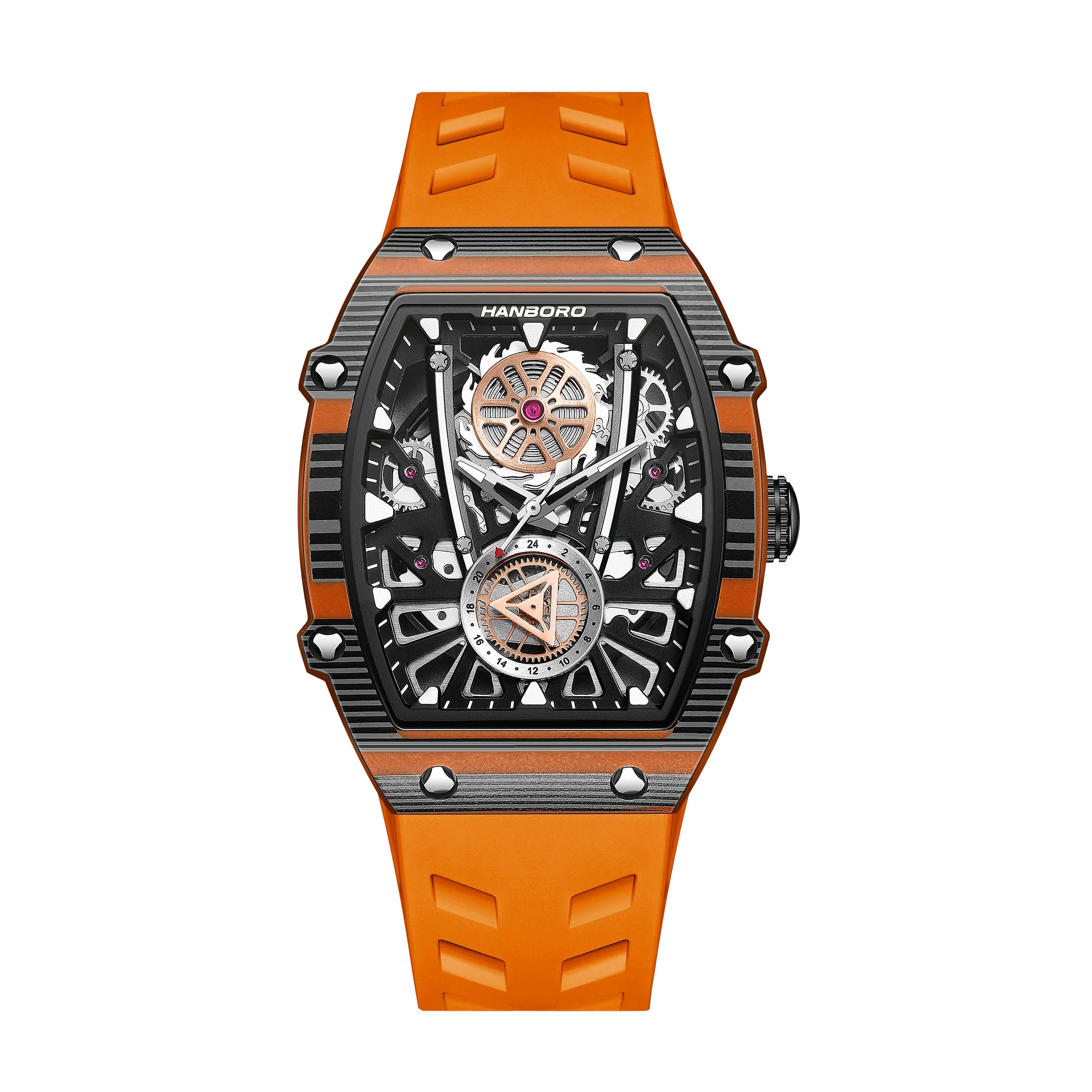 Skeleton dial sport-luxury watch with bold orange strap, motorsport-inspired design