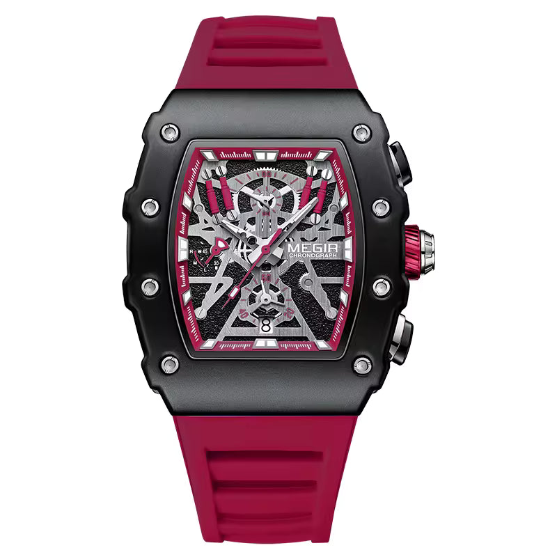 Red and black tonneau-shaped racing-inspired skeleton chronograph watch with rubber strap