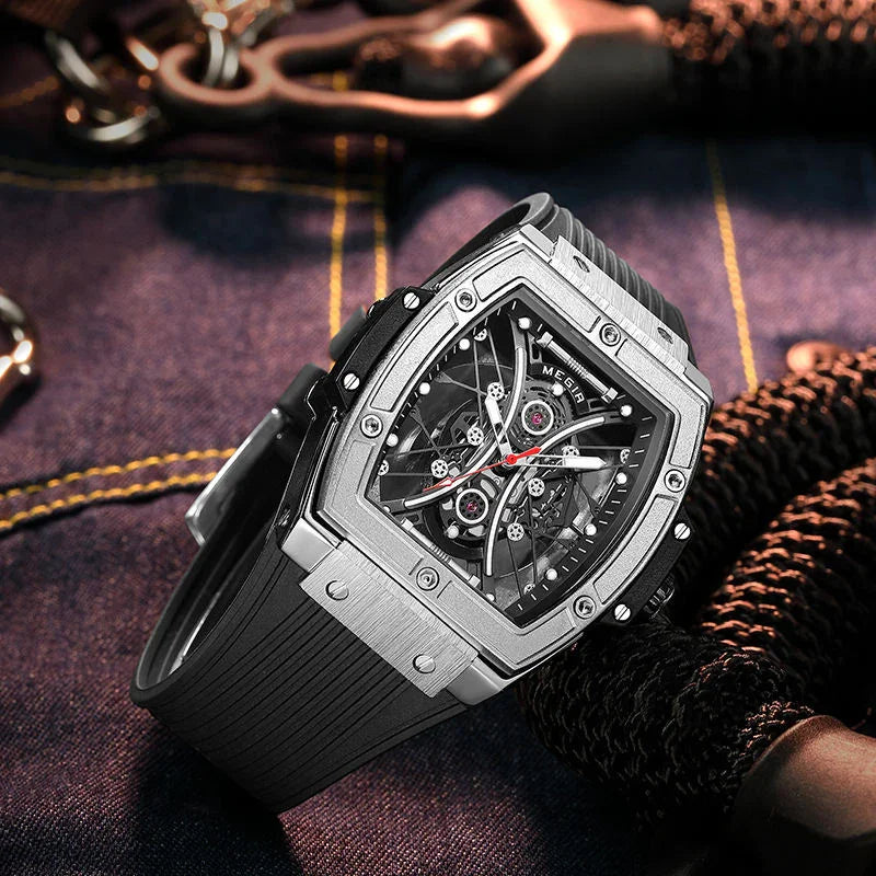 Motorsport-inspired luxury sport watch with skeleton dial, tonneau case, and black rubber strap