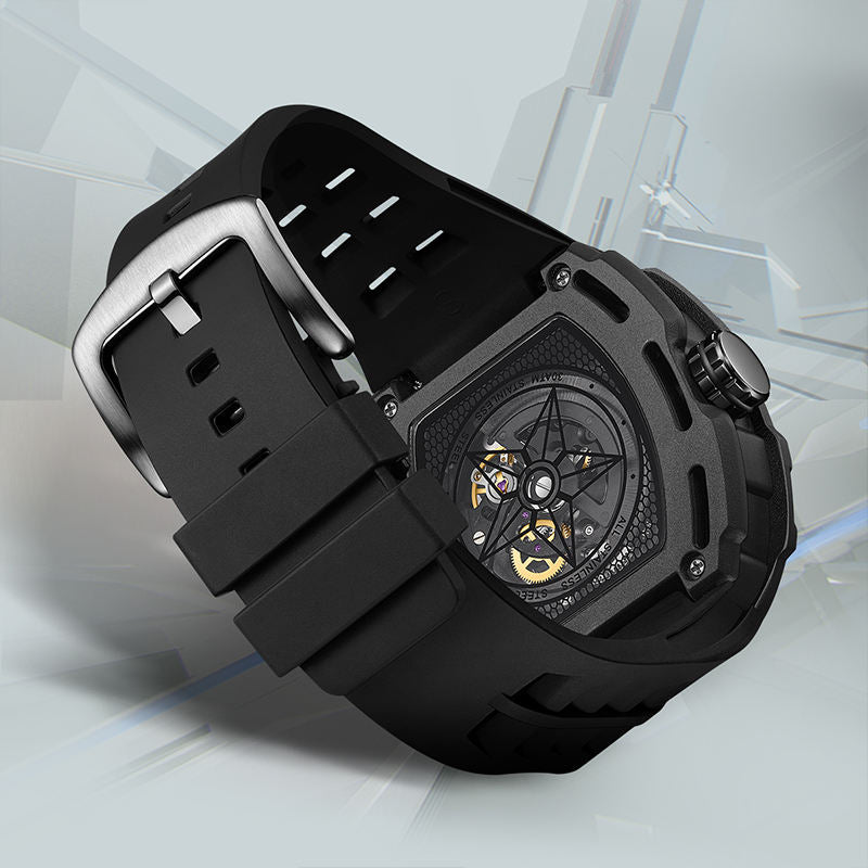 Luxury motorsport-inspired black watch with skeleton dial and durable rubber strap