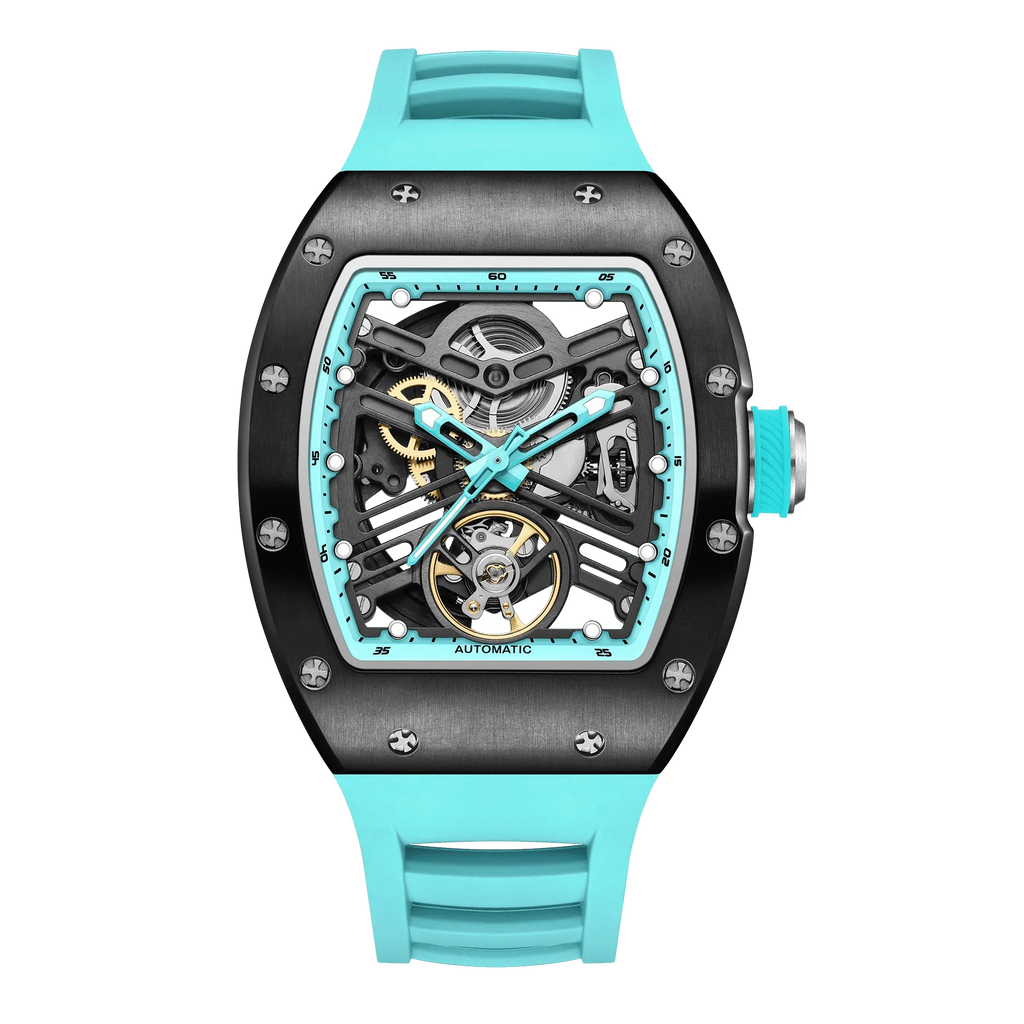 Racing-inspired skeleton automatic watch with black case, turquoise rubber strap, and visible gears