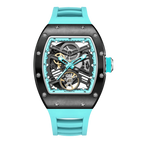 Racing-inspired skeleton automatic watch with black case, turquoise rubber strap, and visible gears