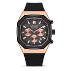 Luxury sport chronograph watch with rose gold accents, black case, and black rubber strap