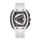 Luxury racing-inspired chronograph watch with a white strap and bold geometric dial design