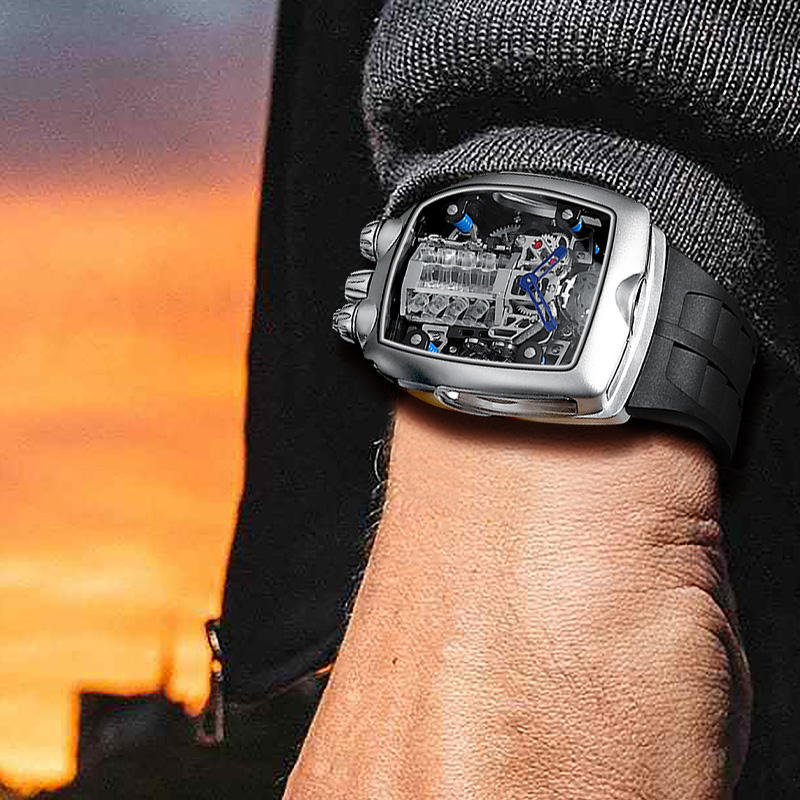 Luxury sport watch with exposed mechanical movement, black rubber strap, and bold racing design on wrist