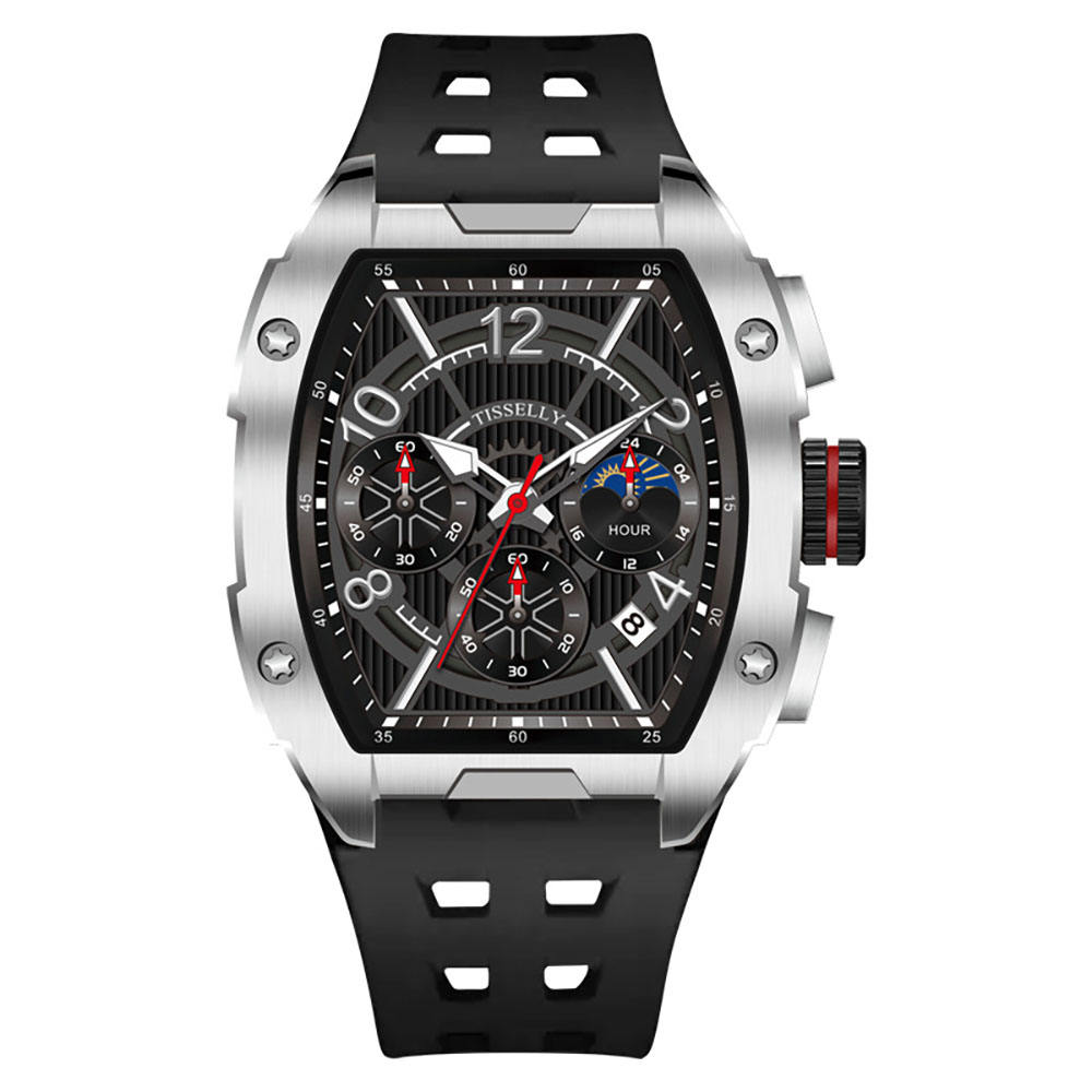 Sport-luxury racing-inspired chronograph watch with black dial, steel case, and rubber strap