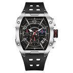 Sport-luxury racing-inspired chronograph watch with black dial, steel case, and rubber strap