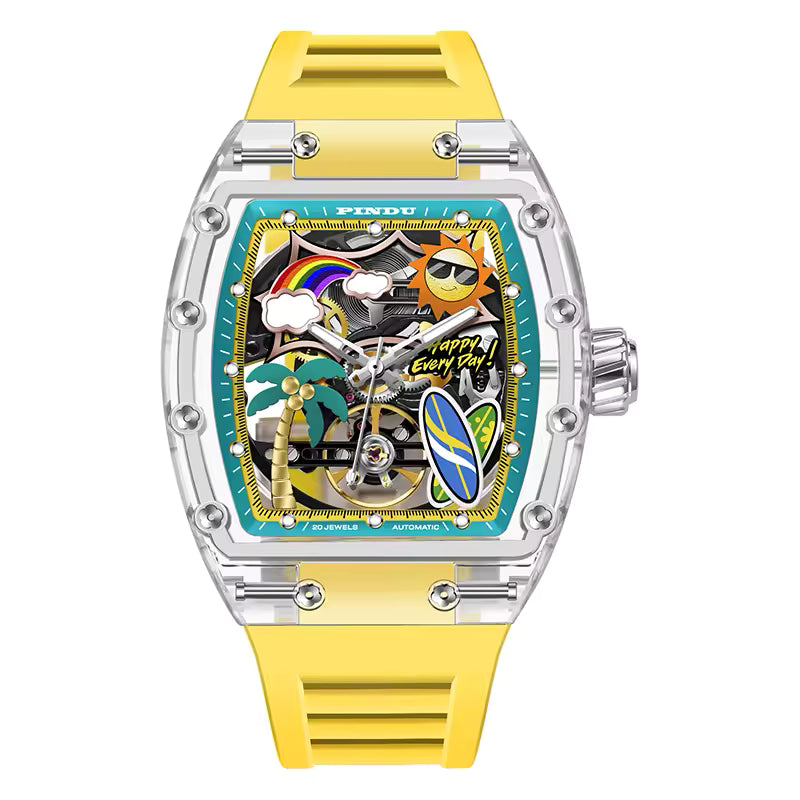 Colorful motorsport-inspired luxury homage watch with yellow strap, tropical dial, and skeleton design.