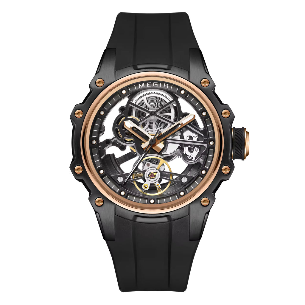 Skeleton dial racing-inspired sport luxury watch with black strap and rose gold-tone accents