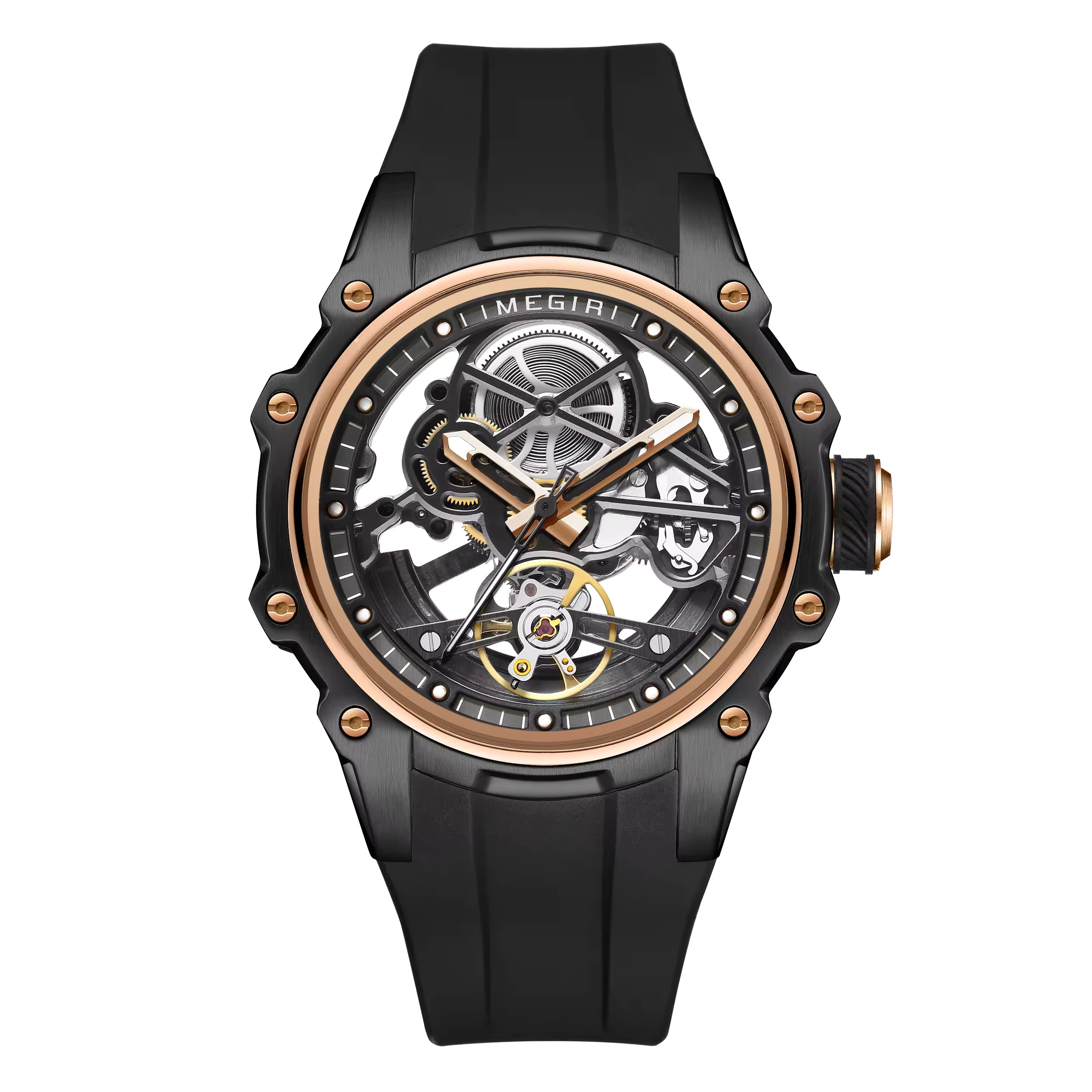 Skeleton dial racing-inspired sport luxury watch with black strap and rose gold-tone accents