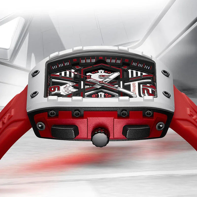 Motorsport-inspired red and white sport-luxury watch with bold geometric dial and rubber strap