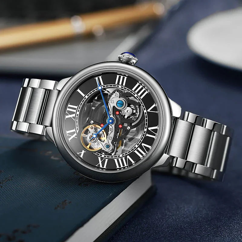 Luxury racing-inspired skeleton watch with metallic bracelet and Roman numerals on dial