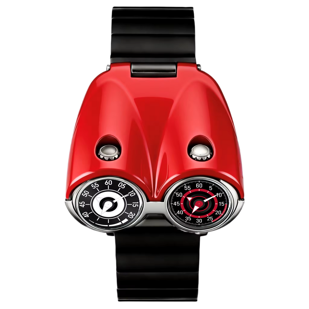Red sport-luxury watch with dual dials, inspired by motorsport performance and European design