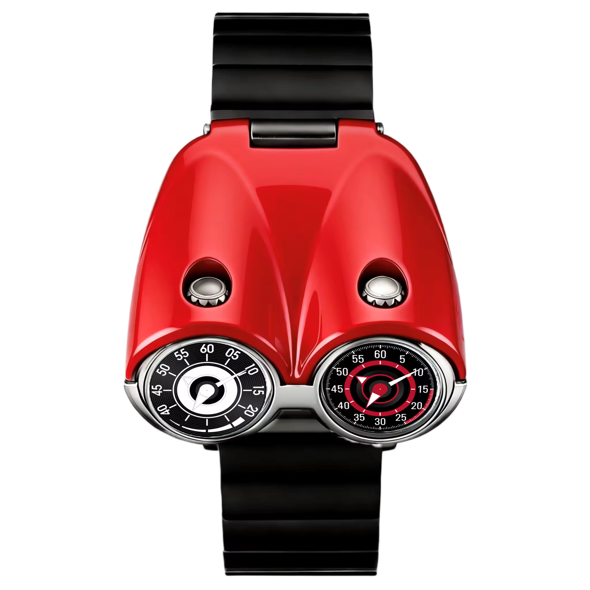 Red sport-luxury watch with dual dials, inspired by motorsport performance and European design
