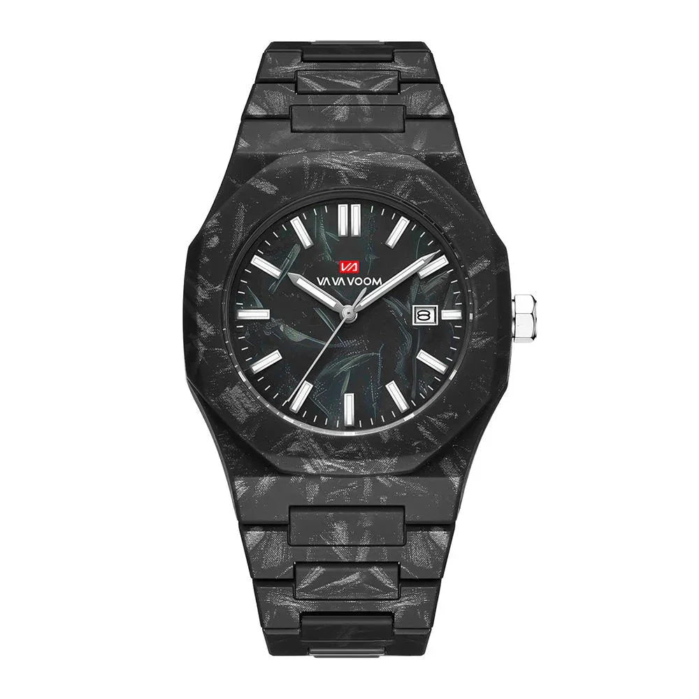 Black carbon fiber sport-luxury watch with marble-patterned case, bold markers, and date display