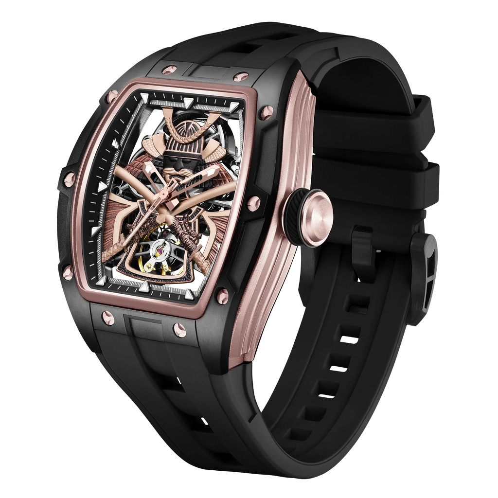 Luxury skeleton sport watch with rose gold case, black strap, and motorsport-inspired design