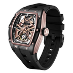 Luxury skeleton sport watch with rose gold case, black strap, and motorsport-inspired design