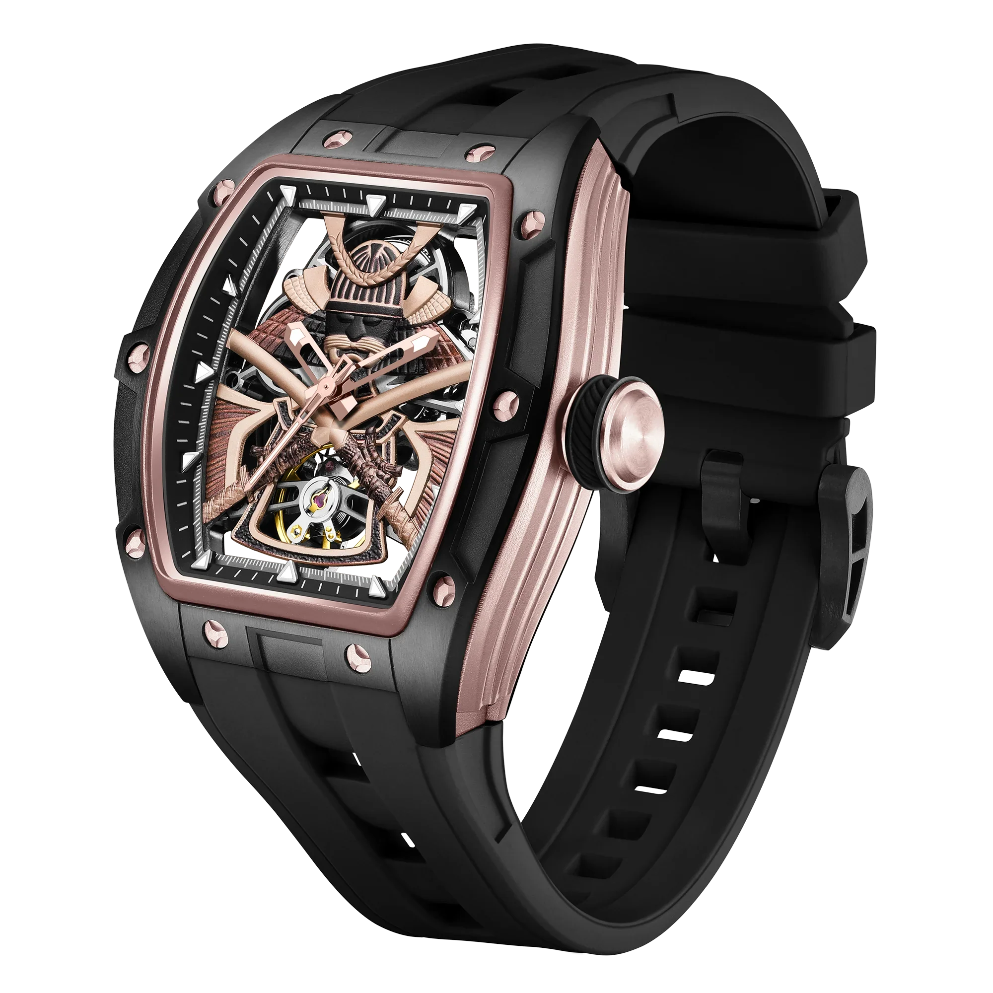 Luxury skeleton sport watch with rose gold case, black strap, and motorsport-inspired design