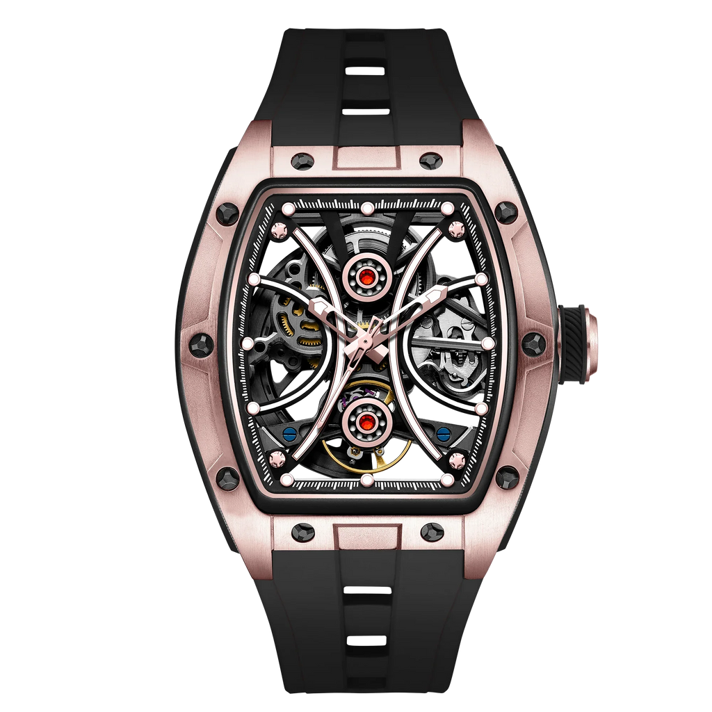 Skeleton dial sport-luxury watch with rose gold case, black strap, and exposed mechanics