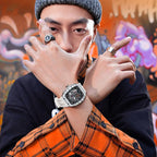 Man wearing motorsport-inspired luxury skeleton watch with white band and streetwear fashion