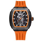 Motorsport-inspired luxury watch with orange strap, black case, and skeleton dial.