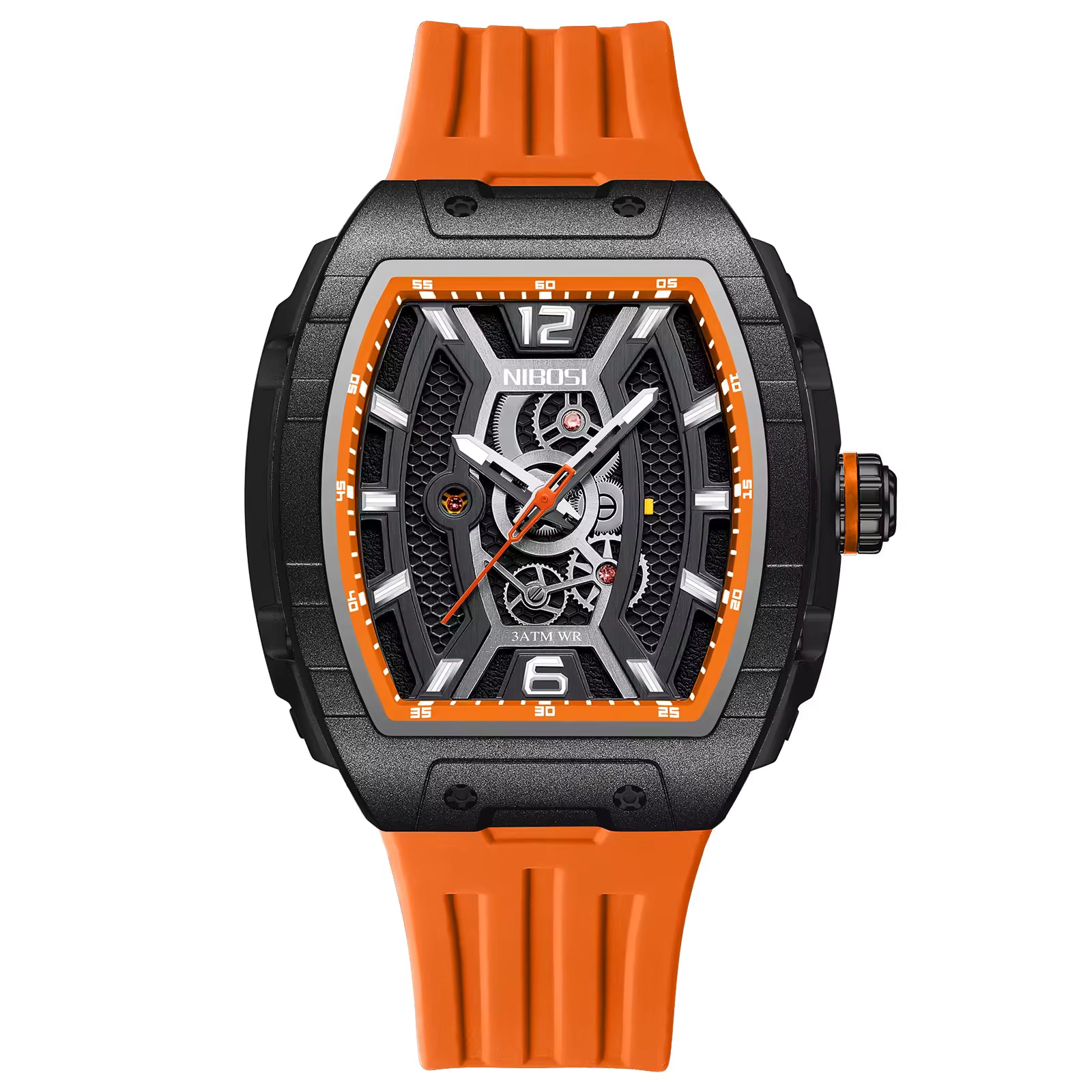 Motorsport-inspired luxury watch with orange strap, black case, and skeleton dial.