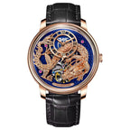 Luxury skeleton watch with gold dragon motif, blue dial, tourbillon movement, black leather strap