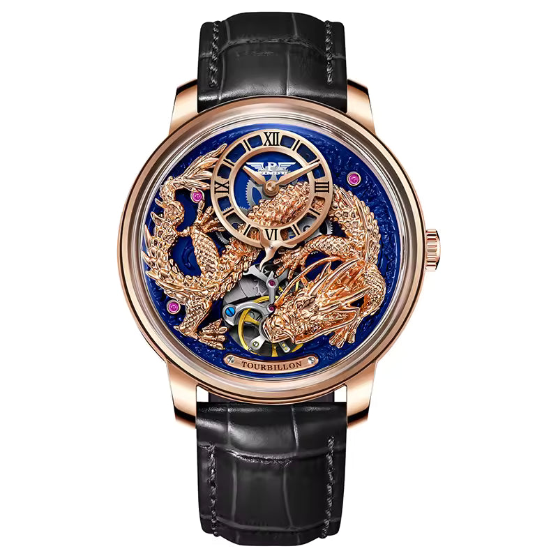 Luxury skeleton watch with gold dragon motif, blue dial, tourbillon movement, black leather strap