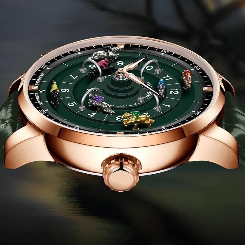 Luxury sport-inspired watch with racing motif, rose gold case, and miniature motorcycle racers on green dial.